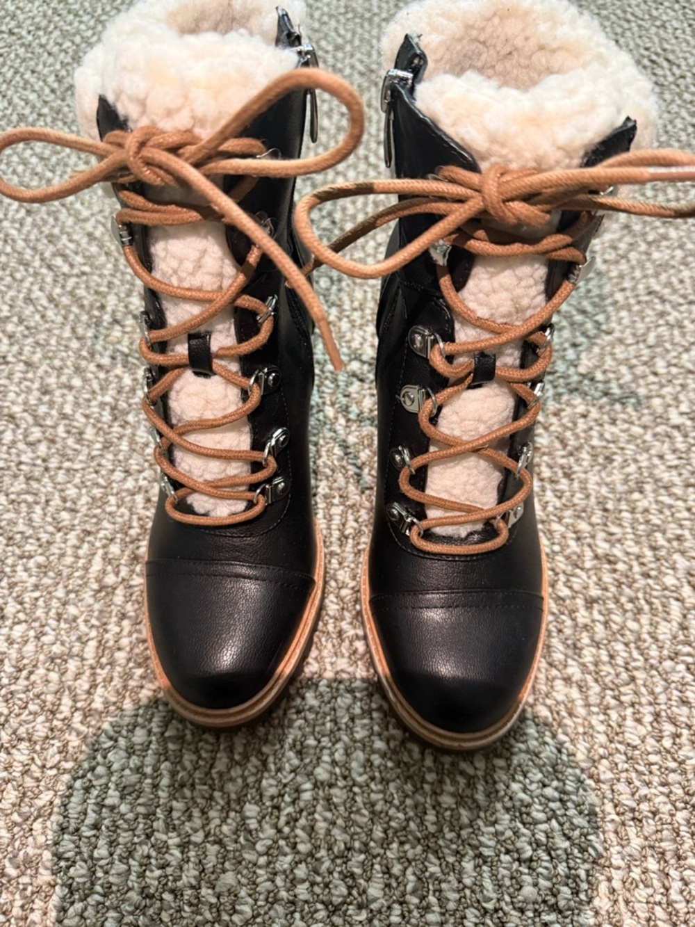 Women’s Black Faux-Leather Lace-Up Winter Boots with Cream Sherpa